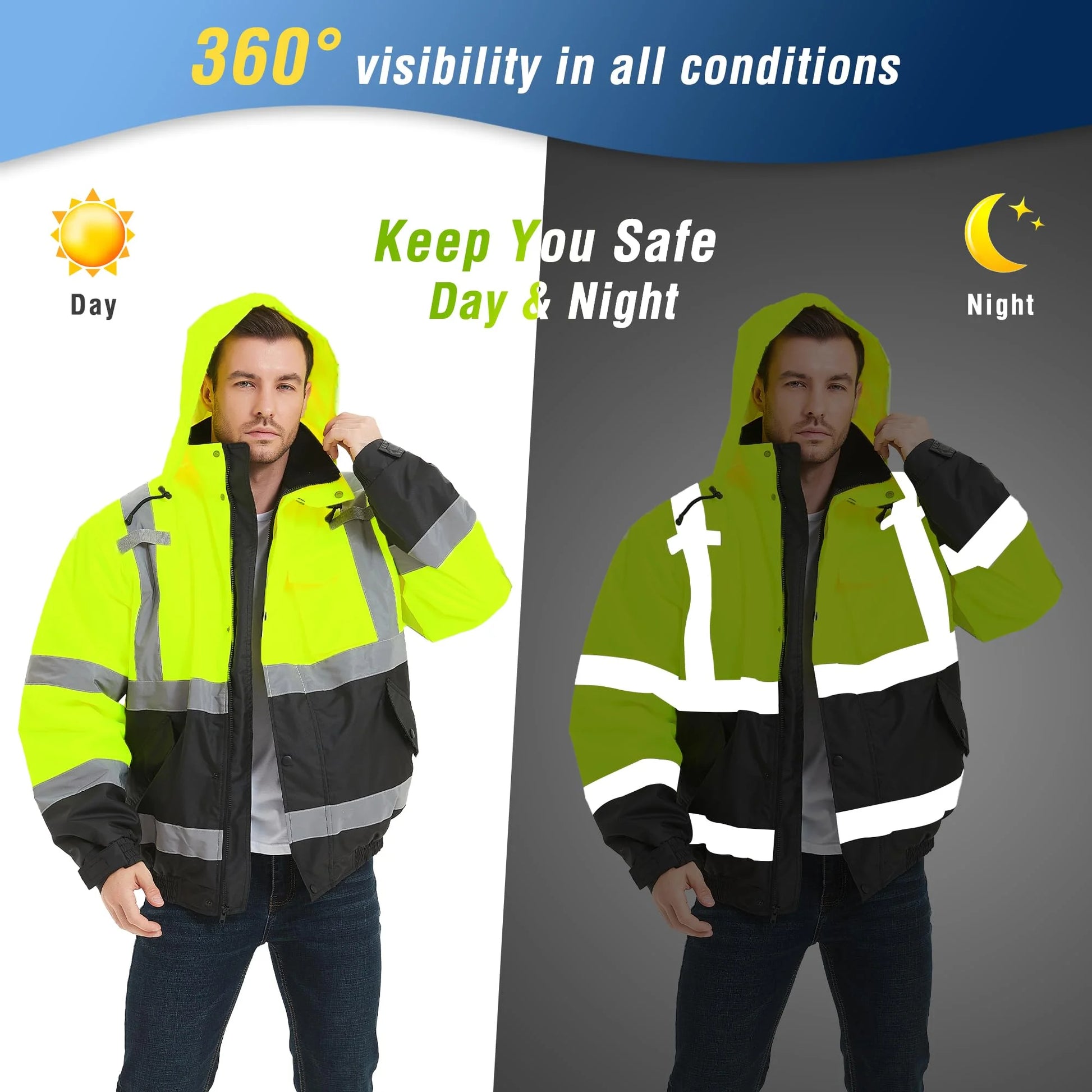High Visibility Safety Waterproof Bomber Jacket for Women Men, Hi Vis Reflective Winter Construction Jacket, Class 3, Green, X-Large