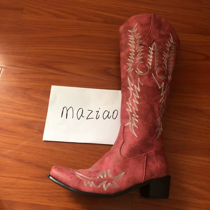 Vintage Women Knee High Boots Leather Riding Boots Medieval Western Cowgirl Boots Autumn Winter Pointed Toe Flat Boots