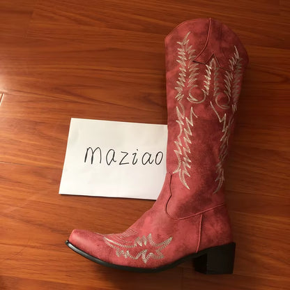 Vintage Women Knee High Boots Leather Riding Boots Medieval Western Cowgirl Boots Autumn Winter Pointed Toe Flat Boots