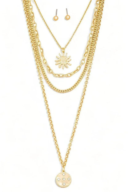 Stunning Layered Chain Sun Pendant Necklace with Matching Ball Earrings Set