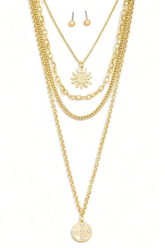 Stunning Layered Chain Sun Pendant Necklace with Matching Ball Earrings Set
